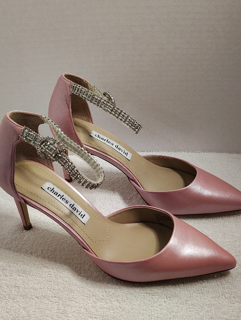 Charles David Pumps Pink Satin Pointed-Toe Crystal-Ankle Women's Acker, Rogue 7M